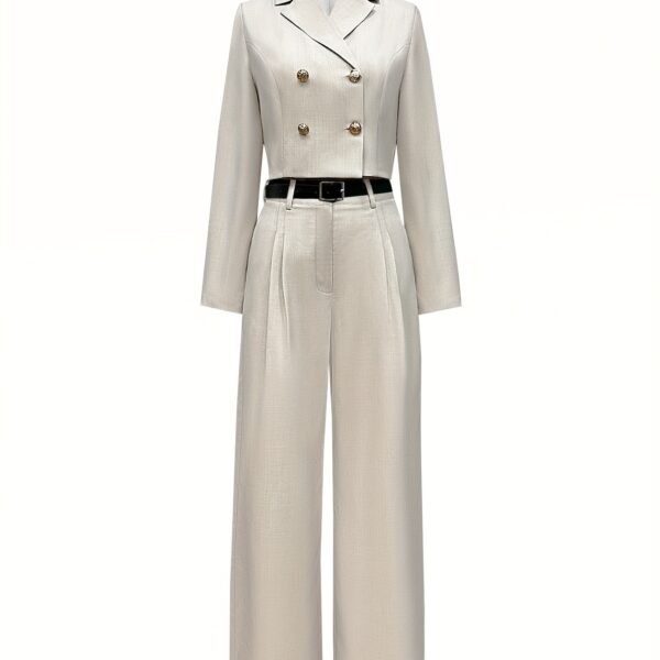 Desert Beige Cairo Two-Piece Suit from Newness. Elegant polyester suit, perfect for fall/winter. Dubai-inspired style.