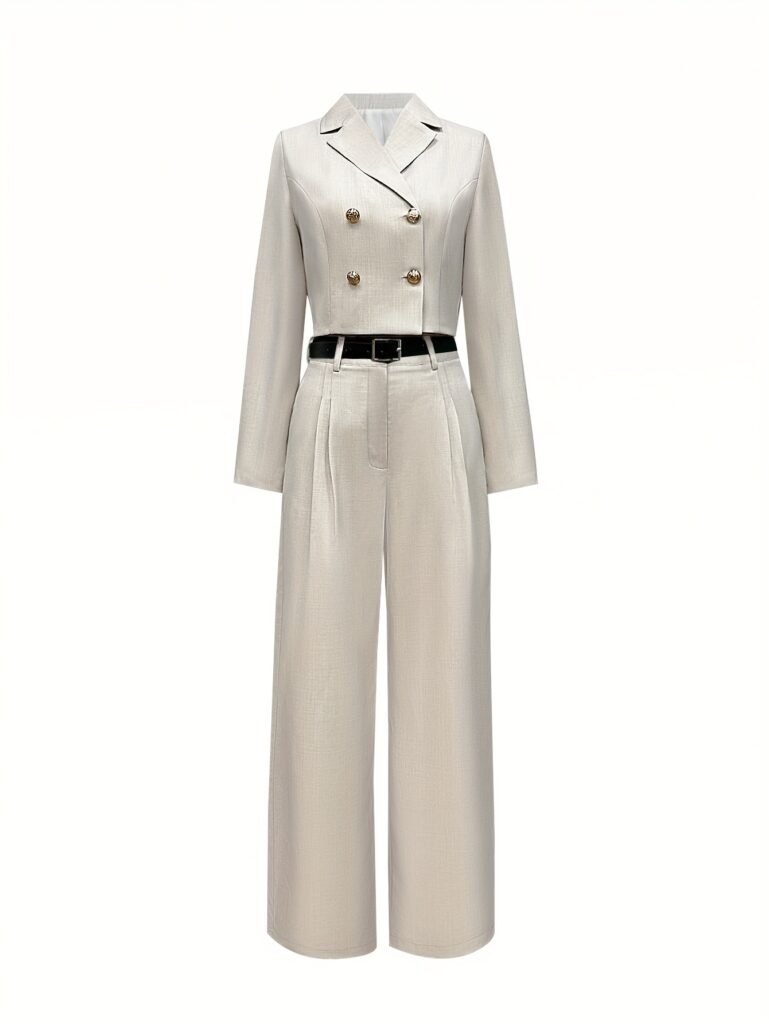 Desert Beige Cairo Two-Piece Suit from Newness. Elegant polyester suit, perfect for fall/winter. Dubai-inspired style.