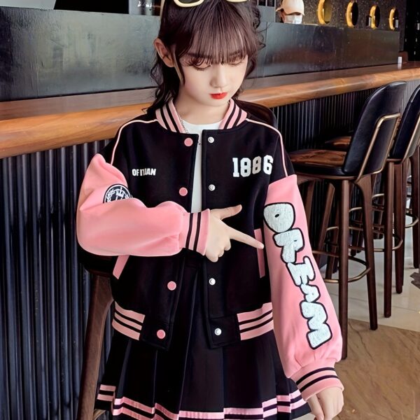 Stylish Newness Girls Varsity Outfit A trendy letter block cardigan and pleated skirt in a sporty chic design