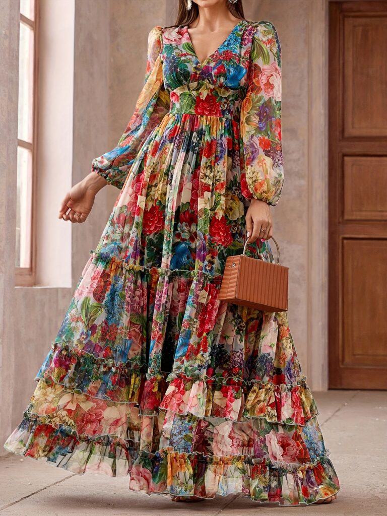 Model wearing a stunning Venetian Rhapsody floral maxi dress, perfect for weddings, galas, or everyday chic.