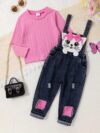Adorable Newness Whimsical Cat Jumpsuit Set A charming cat embroidered jumpsuit paired with a sweet jacquard top perfect for playful days
