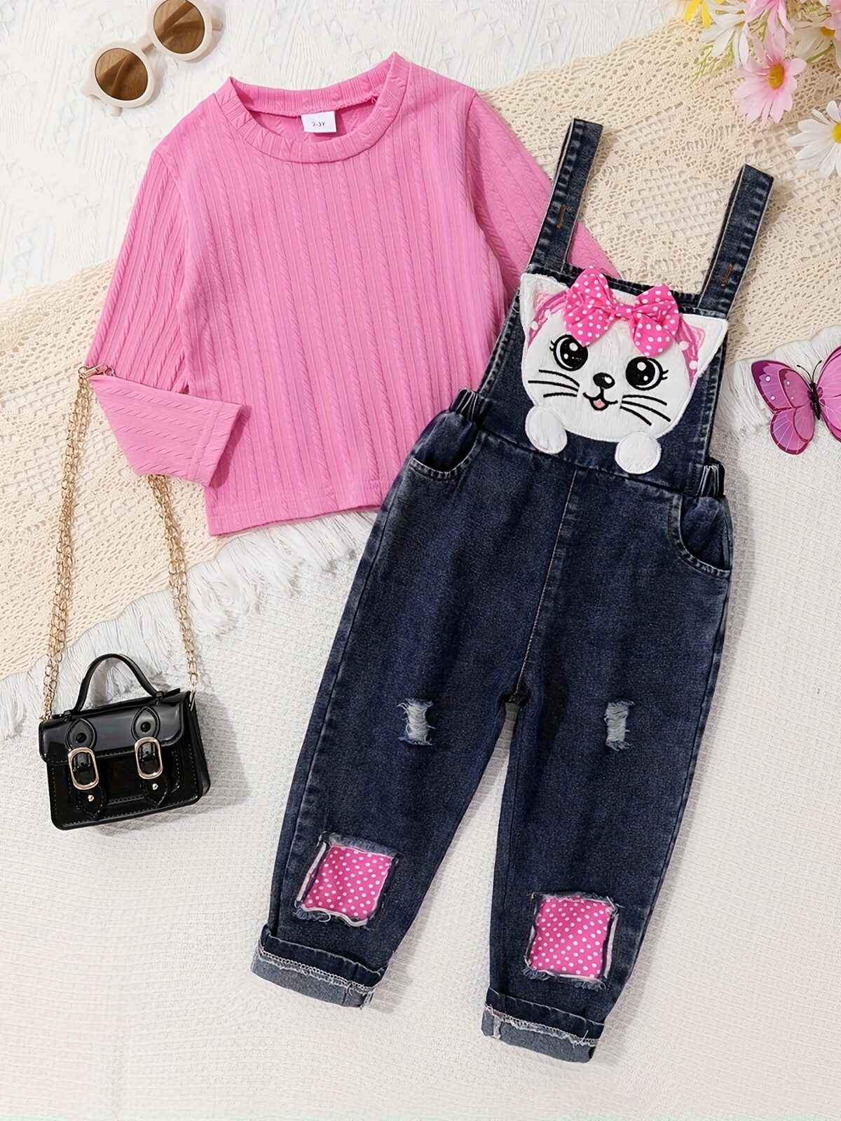 Adorable Newness Whimsical Cat Jumpsuit Set A charming cat embroidered jumpsuit paired with a sweet jacquard top perfect for playful days