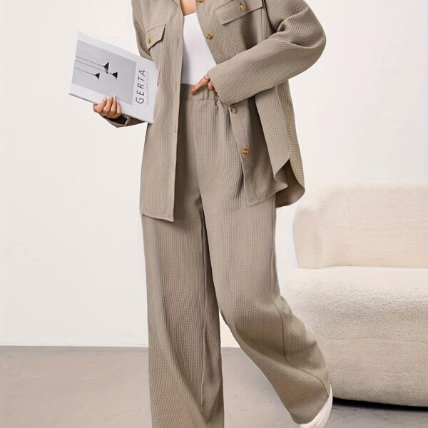 Beige Minimalist Casual Two Piece Set A stylish and comfortable beige jacket and pants set perfect for fall and winter Model showcases effortless chic