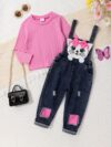 Adorable Newness Whimsical Cat Jumpsuit Set A charming cat embroidered jumpsuit paired with a sweet jacquard top perfect for playful days