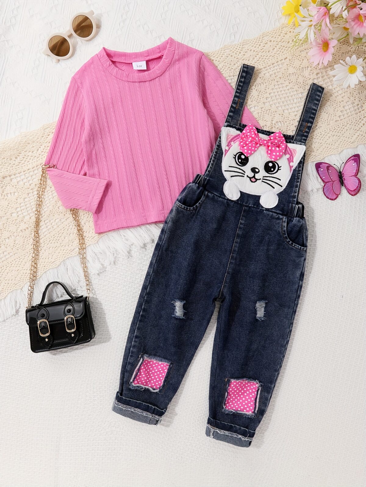 Adorable Newness Whimsical Cat Jumpsuit Set A charming cat embroidered jumpsuit paired with a sweet jacquard top perfect for playful days