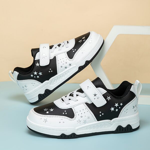 Stylish white and black star speckled sneakers for girls perfect for casual wear Breathable PU upper non slip TPR sole and EVA cushioned insole for all day comfort