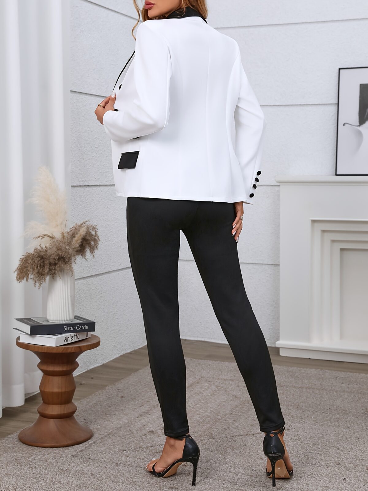 The Newness Milan Patchwork Casual Suit in a chic modern design perfect for spring and fall The image shows a full body view of the suit highlighting the unique patchwork details