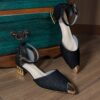 Womens black slip on shoes with pointed toe and low block heel