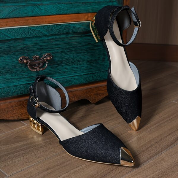 Womens black slip on shoes with pointed toe and low block heel