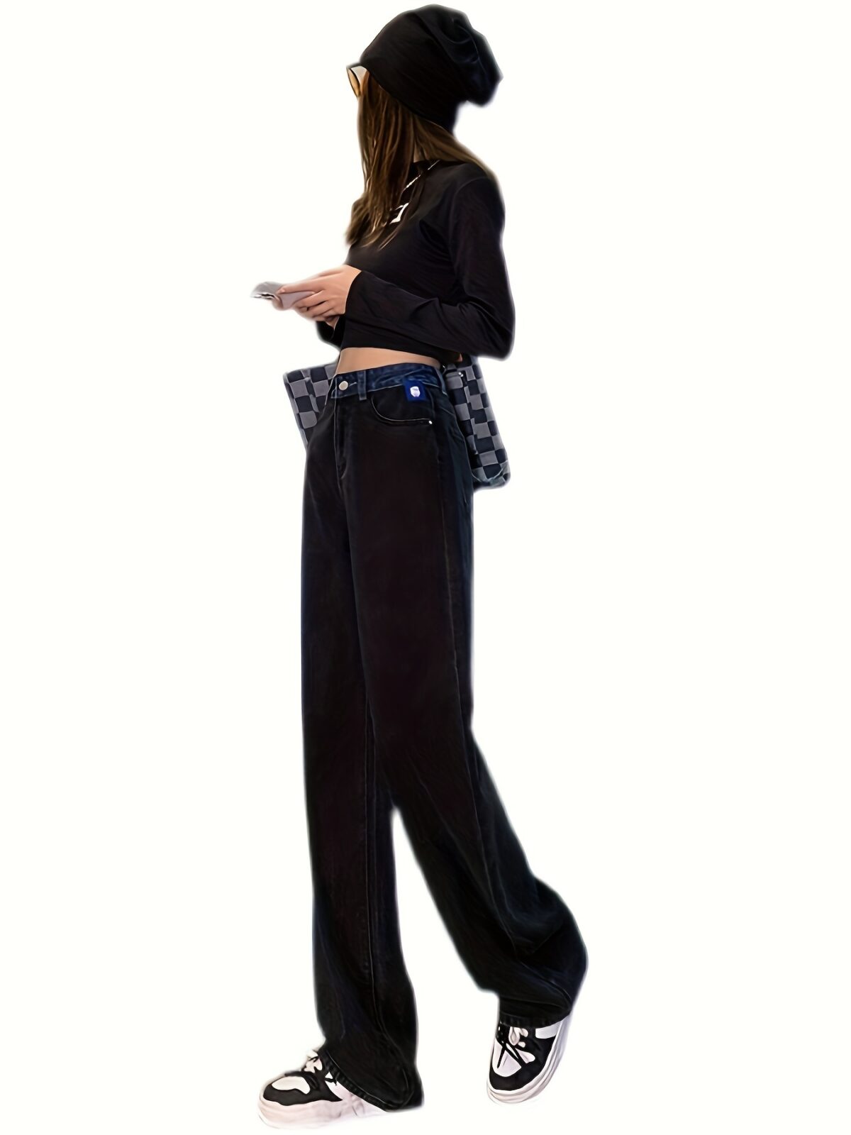 Model wearing Newness Seoul Street Style High Waisted Wide Leg Jeans showcasing the comfortable fit and chic style The jeans are a wide leg style with a high waist