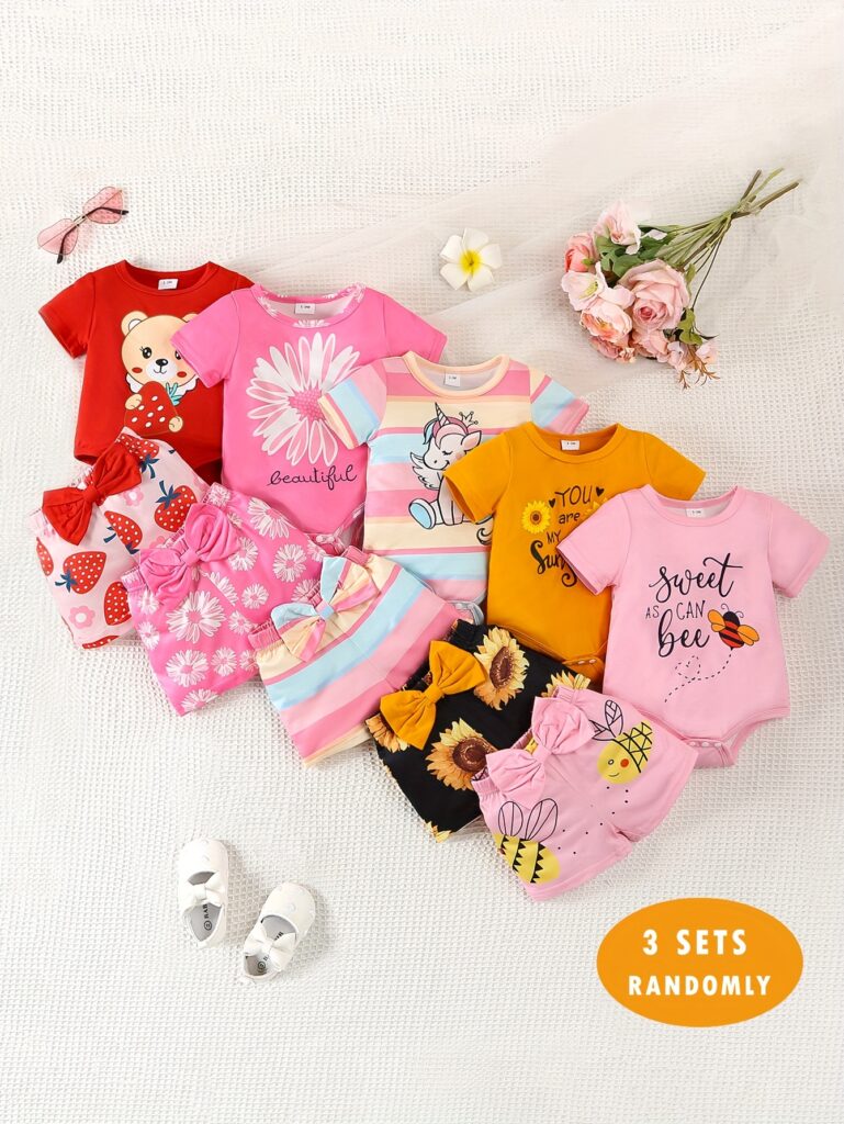 Adorable newborn baby wearing a sweet summer romper set, perfect for sunny days. Soft, breathable fabric ensures comfort.