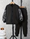 Stylish boys geometric pattern tracksuit set in a comfortable polyester blend perfect for FallWinter Machine washable for easy care From Newness