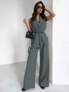 Model wearing the Newness Dubai Breeze Elegant Wide Leg Set a stylish two piece outfit featuring wide leg pants and a coordinating top perfect for any occasion