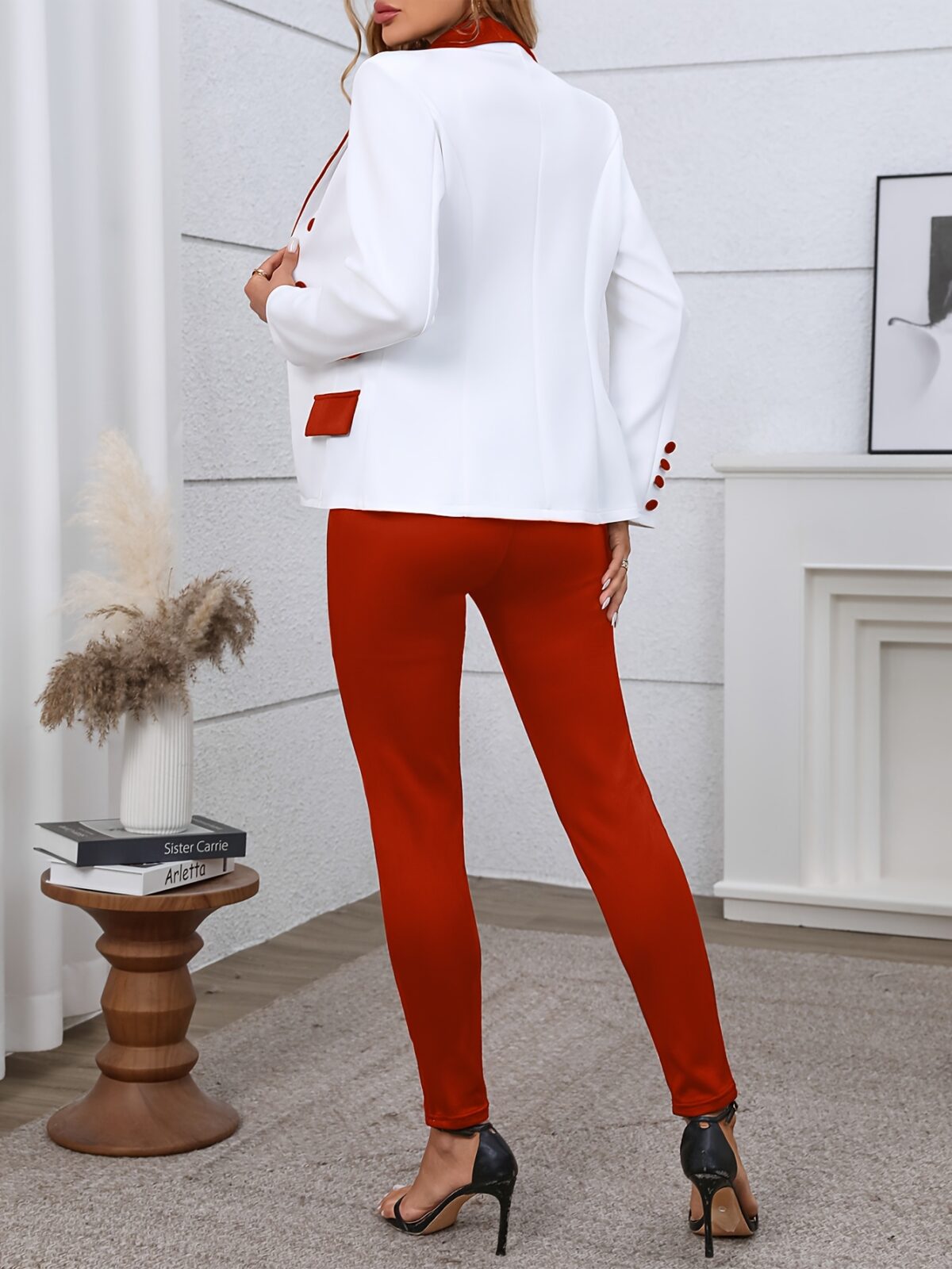 The Newness Milan Patchwork Casual Suit in a chic modern design perfect for spring and fall The image shows a full body view of the suit highlighting the unique patchwork details