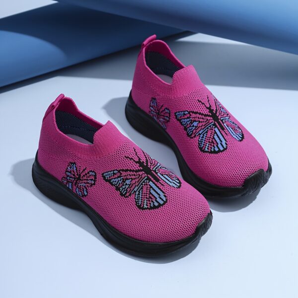 Adorable girls pink butterfly knit sneakers perfect for all season wear Featuring a comfy knit design and embroidered cartoon butterflies these shoes are ideal for running hiking and casual outings