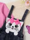 Adorable Newness Whimsical Cat Jumpsuit Set A charming cat embroidered jumpsuit paired with a sweet jacquard top perfect for playful days