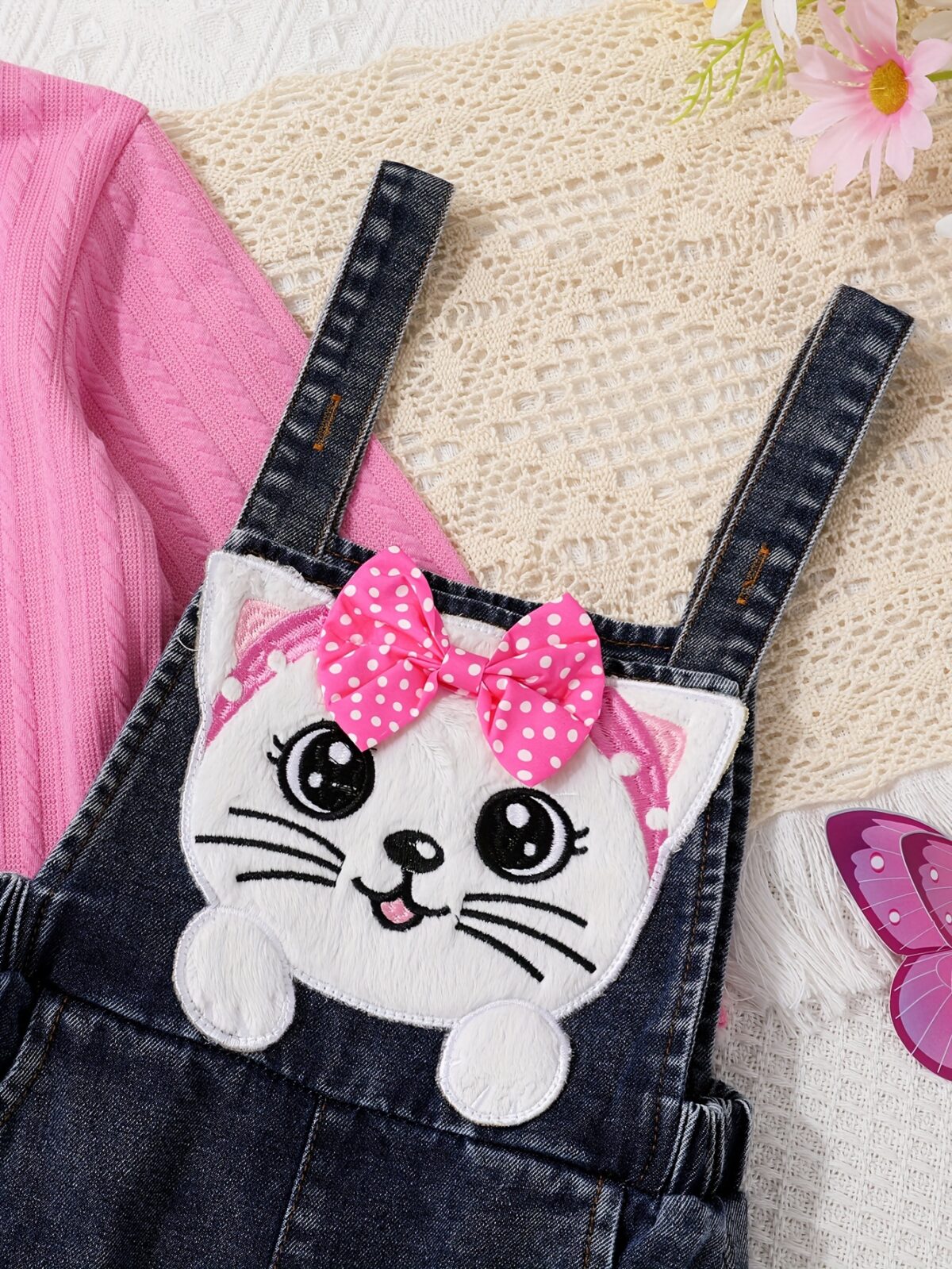 Adorable Newness Whimsical Cat Jumpsuit Set A charming cat embroidered jumpsuit paired with a sweet jacquard top perfect for playful days