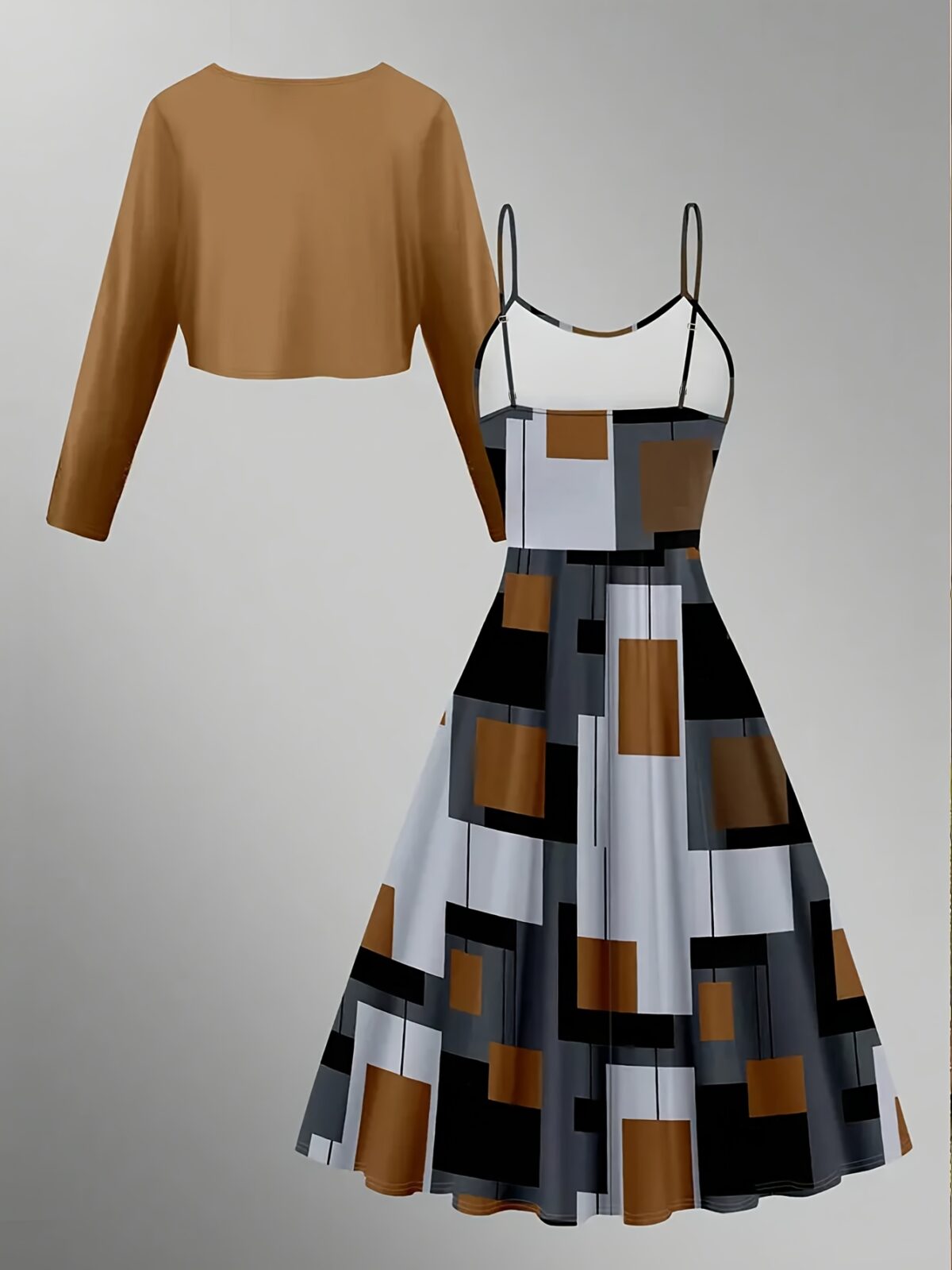 Newness City Chic Geometric Print Dress Set A stylish two piece dress set featuring a chic geometric print perfect for any occasion