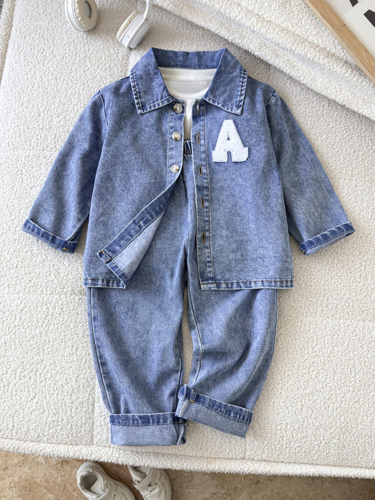 Stylish boys faux denim set perfect for outdoor play Two piece outfit in shades of denim ideal for spring and autumn adventures Durable and easy care