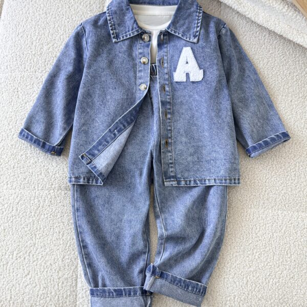 Stylish boys faux denim set perfect for outdoor play Two piece outfit in shades of denim ideal for spring and autumn adventures Durable and easy care