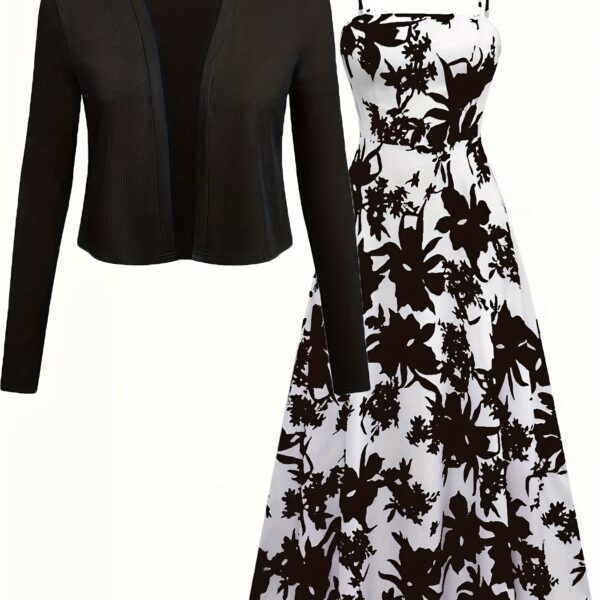 Effortlessly elegant Newness Summer Solstice Floral Print Dress Set. A sophisticated two-piece set featuring a floral print dress and matching accessories, perfect for any occasion.