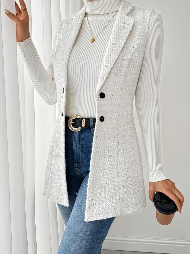 Flatlay of Newness Autumn Chic Women's Sleeveless Blazer, showcasing its double-breasted style and versatile design, perfect for casual and semi-formal occasions.
