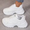 White womens chunky sneakers with geometric embroidery thick sole and lace up closure