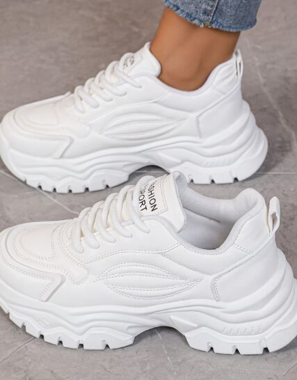 White womens chunky sneakers with geometric embroidery thick sole and lace up closure