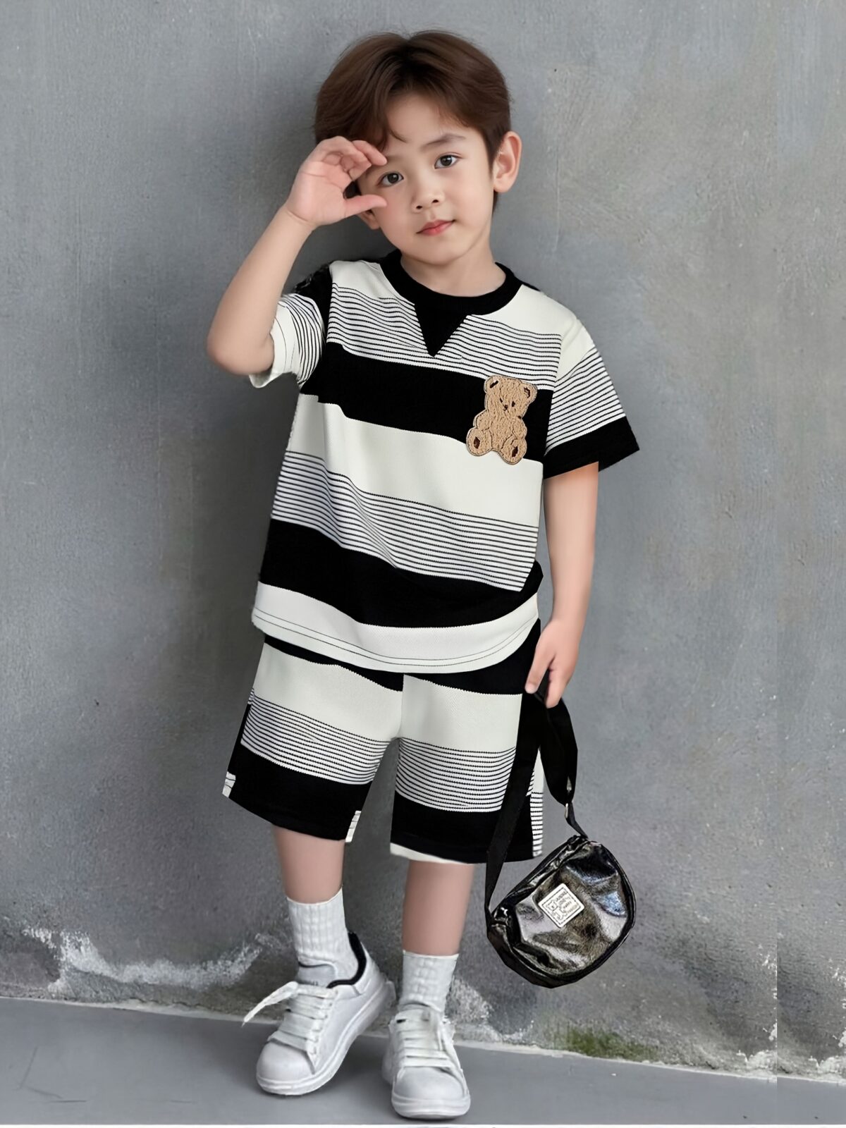 Little Champ Boys Color Block Set in springsummer colors A trendy outfit featuring a bear embroidery top and contrasting color plaid shorts perfect for playtime Ideal for boys over 3 years