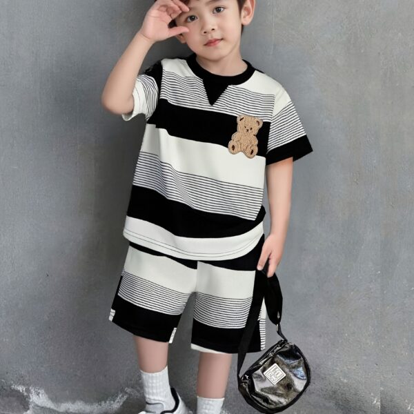 Little Champ Boys Color Block Set in springsummer colors A trendy outfit featuring a bear embroidery top and contrasting color plaid shorts perfect for playtime Ideal for boys over 3 years