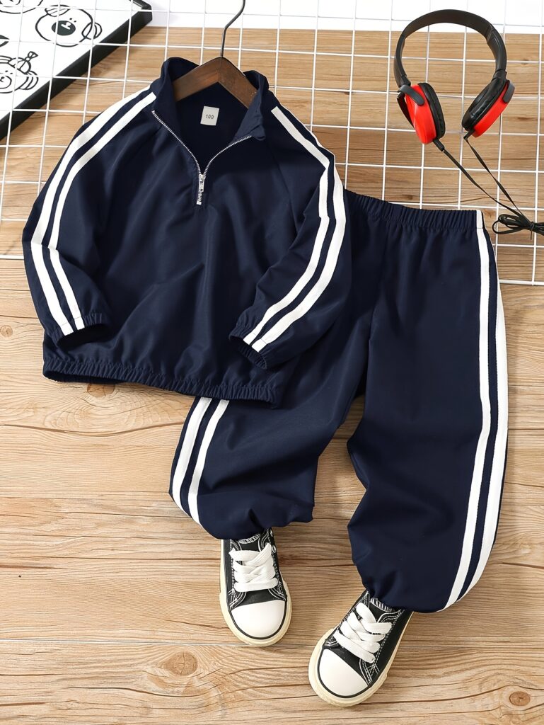 Stylish boys' striped sportswear set, featuring a half-zip pullover and matching pants. Perfect for spring and fall.
