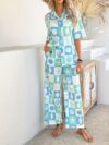 Newness Coastal Breeze Ocean Print Shirt Set A stylish two piece shirt set with an ocean print perfect for a summer vacation
