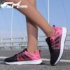 Womens breathable mesh running shoes in pink showing side and front view