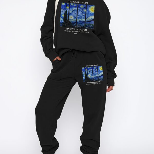 Model wearing the Newness Celestial Dreams Starry Night Tracksuit a cozy fleece tracksuit perfect for autumn and winter The tracksuit features a stunning starry night print