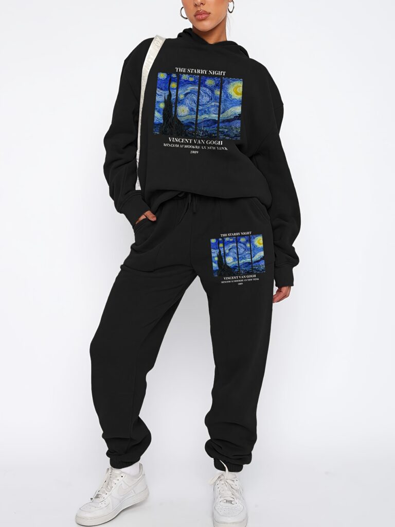 Model wearing the Newness Celestial Dreams Starry Night Tracksuit, a cozy fleece tracksuit perfect for autumn and winter. The tracksuit features a stunning starry night print.