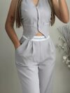 Effortless Chic Newness V Neck Vest and Pants Set in smooth polyester Perfect for any occasion