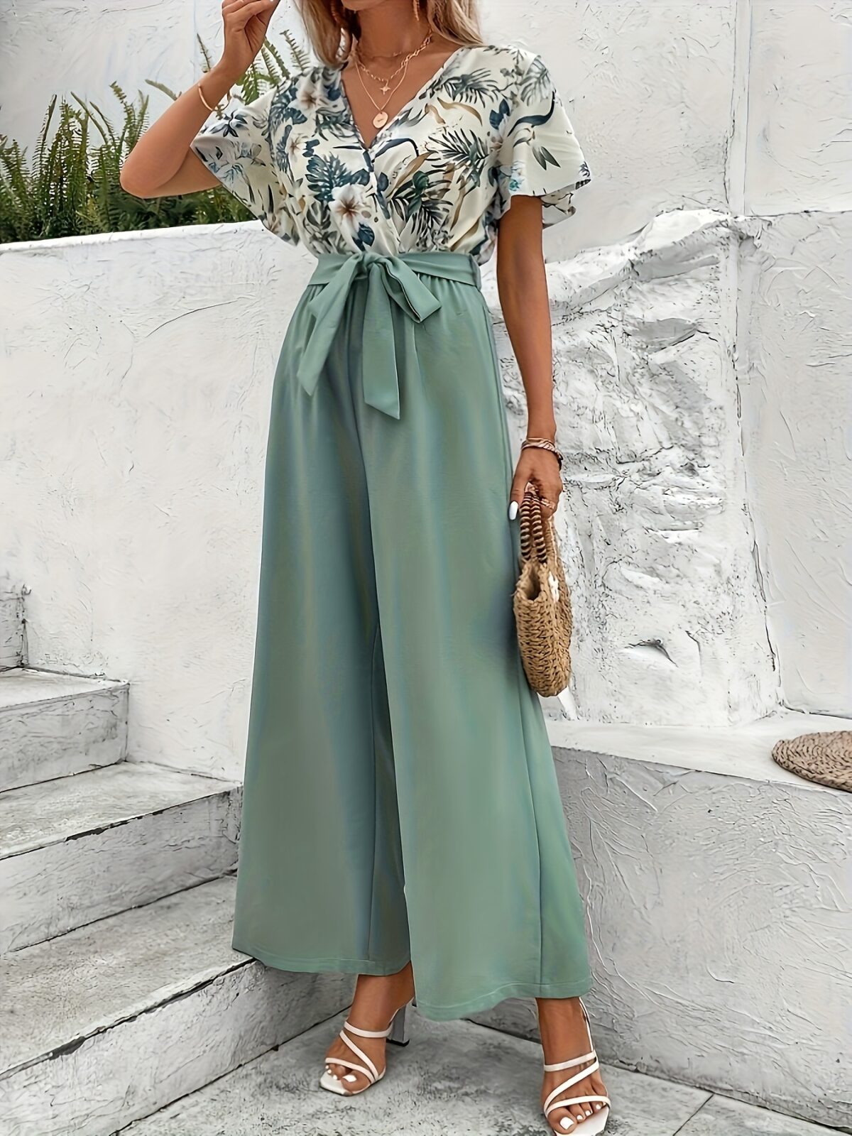 Escape to Paradise Floral Vacation Outfit A chic and comfortable floral outfit perfect for spring getaways Model shown wearing the complete outfit including mention specific items like dress shorts top etc showcasing its breezy and stylish design