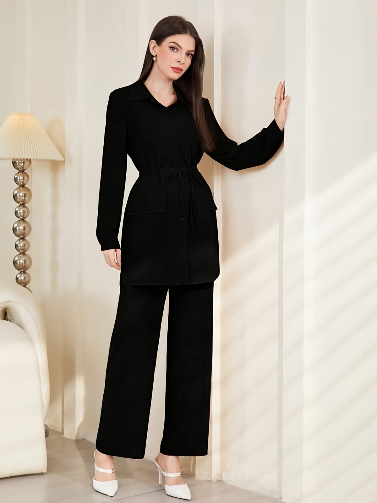 The Newness Minimalist Solid Color Set A sophisticated two piece outfit in a minimalist solid color perfect for spring and fall transitions Model showcases the versatile styling options