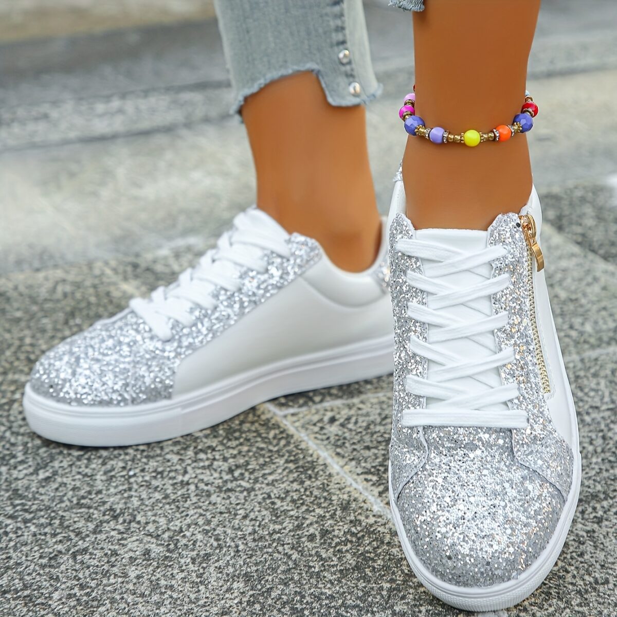 Newness Stardust Shimmer Silver Glitter Sneakers Elevate your style with these breathable lightweight sneakers perfect for any occasion