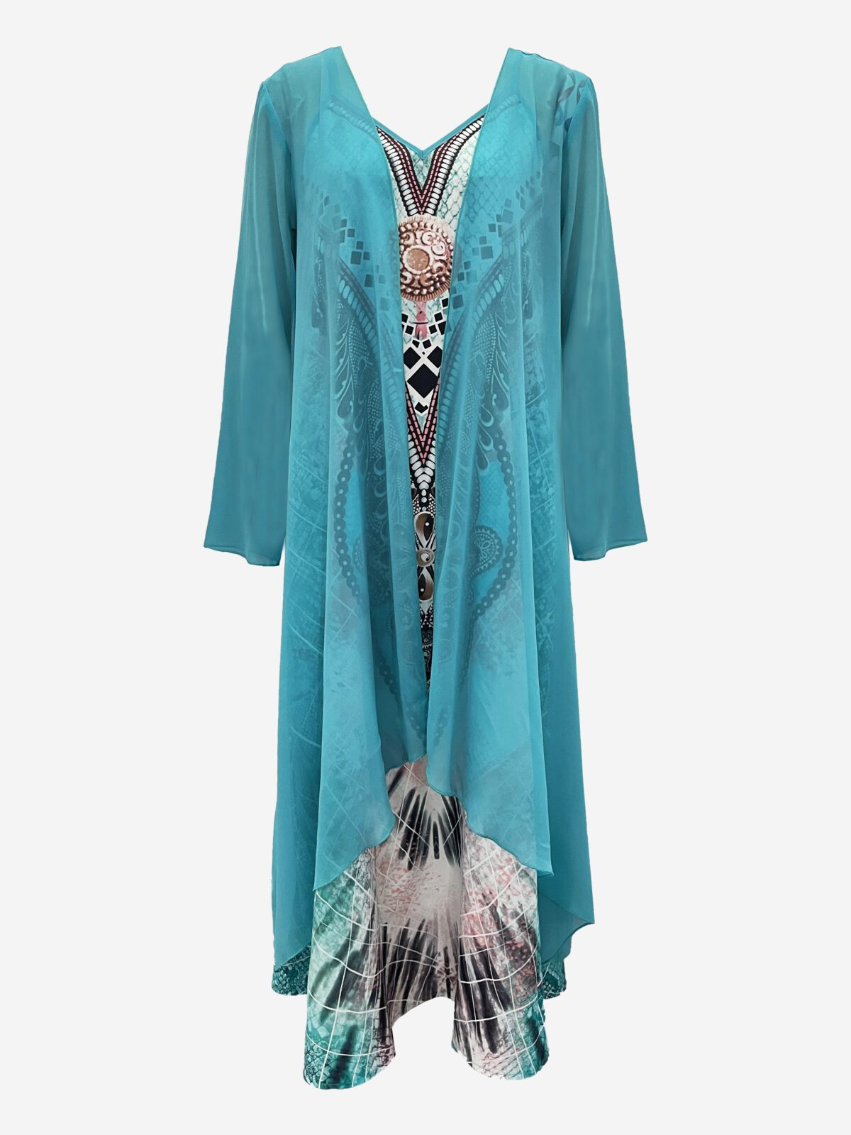 Effortlessly chic Casablanca Tribal Print Maxi Dress Set from Newness perfect for vacations or casual dates Features a flowing maxi dress with a vibrant tribal print