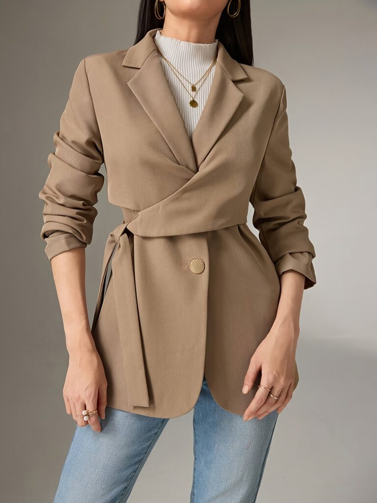Beige Executive Chic Women's Elegant Long Formal Blazer, classic structured silhouette, perfect for work or special occasions.