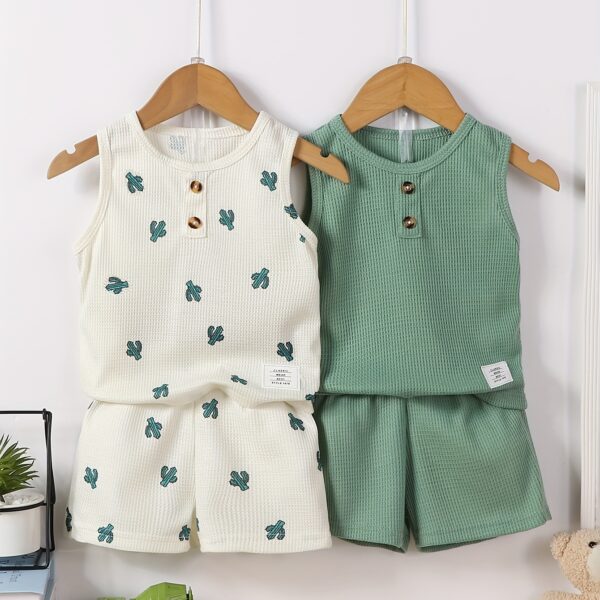 Adorable baby boy in a trendy Newness cactus print outfit featuring a waffle knit vest and pants Perfect summer clothes
