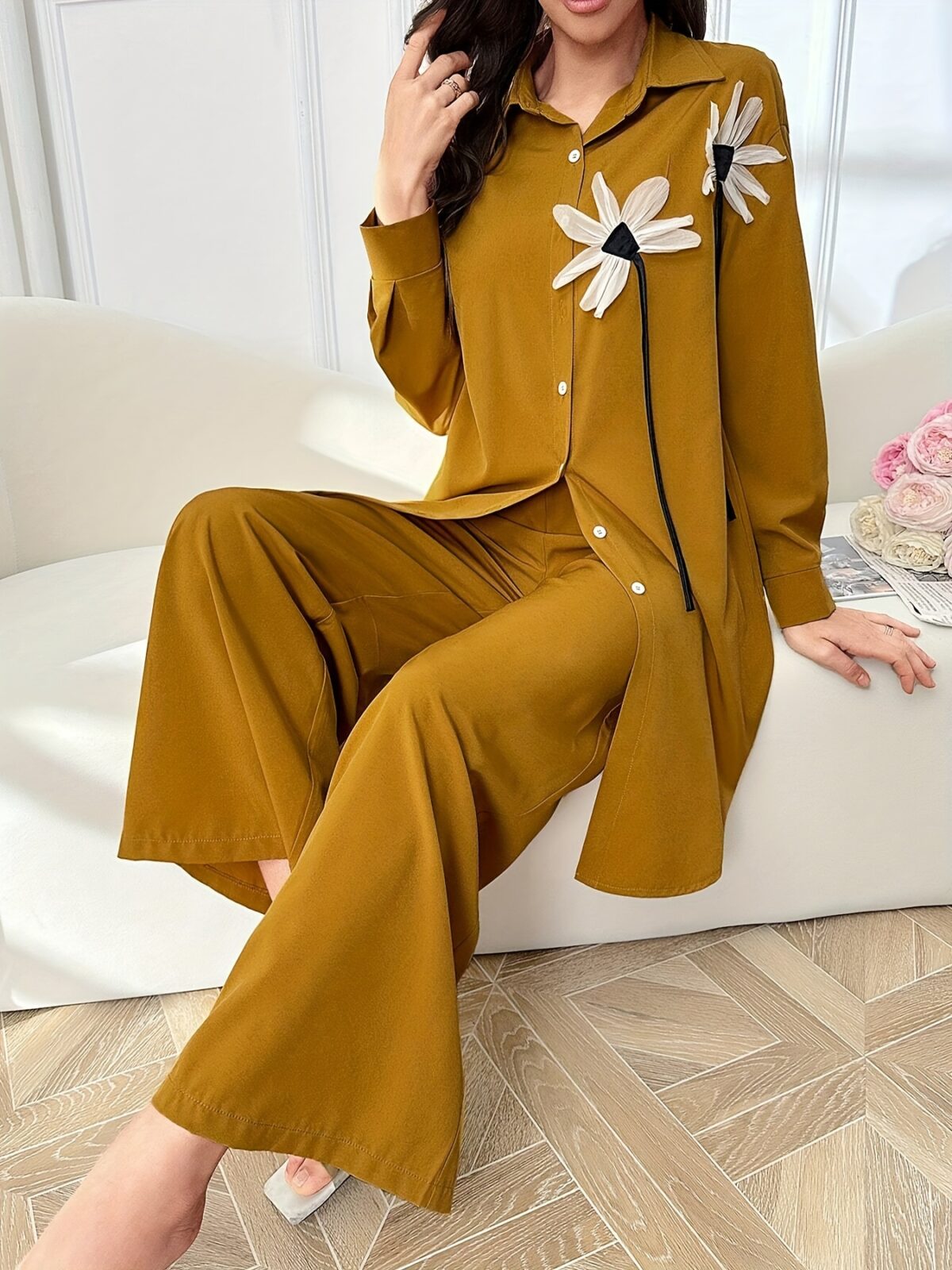 Newness Botanical Bloom Floral Applique Set A chic two piece outfit perfect for spring and fall featuring delicate floral appliques