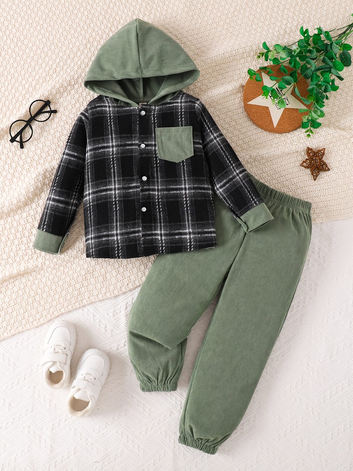 Stylish boys plaid hooded set perfect for spring and fall adventures Durable polyester trendy plaid design and practical pocket