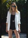 Summer Breeze Womens Satin Blazer in versatile style perfect for casual office or everyday wear Model showcasing the blazers smooth comfortable fit and sophisticated look