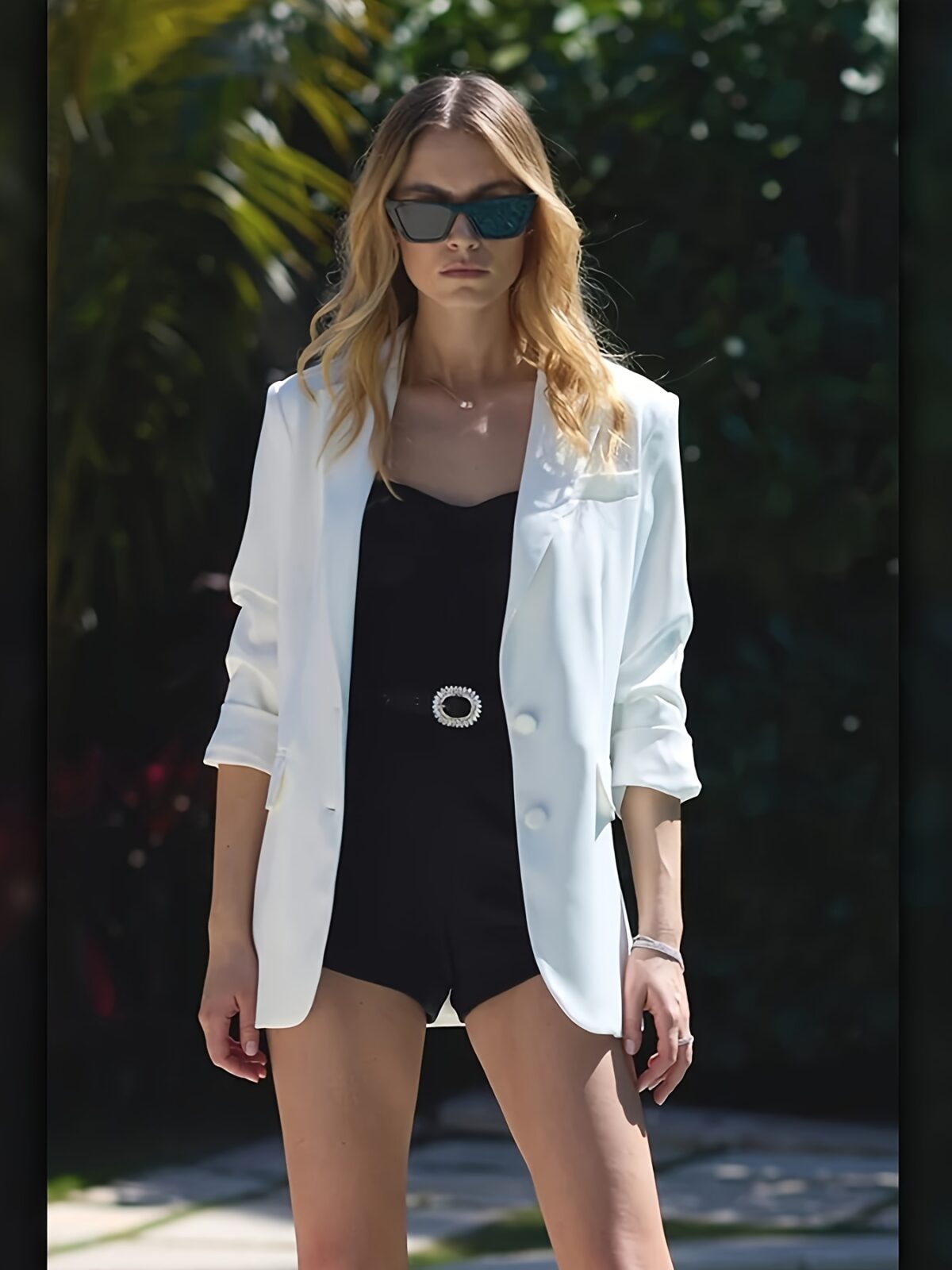 Summer Breeze Womens Satin Blazer in versatile style perfect for casual office or everyday wear Model showcasing the blazers smooth comfortable fit and sophisticated look