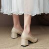 Beige ivory womens pointed toe high heels with block heel showcasing cushioned insole and non slip sole