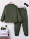 Stylish Spring Soldier Boys Military Set in olive green featuring a comfortable half zip top and elastic waistband pants Perfect for spring and autumn