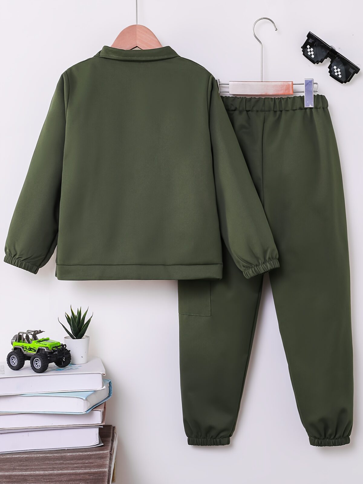 Stylish Spring Soldier Boys Military Set in olive green featuring a comfortable half zip top and elastic waistband pants Perfect for spring and autumn