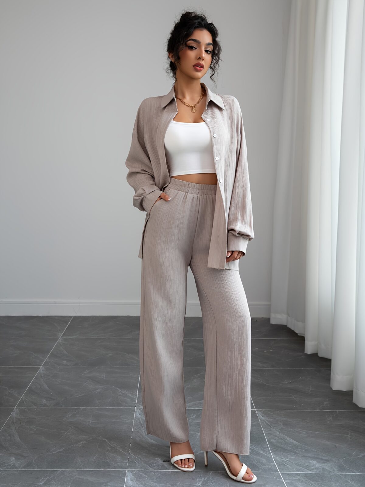 Effortless Chic Relaxed Casual Set in premium polyester Model wearing a comfortable and stylish two piece outfit perfect for everyday wear